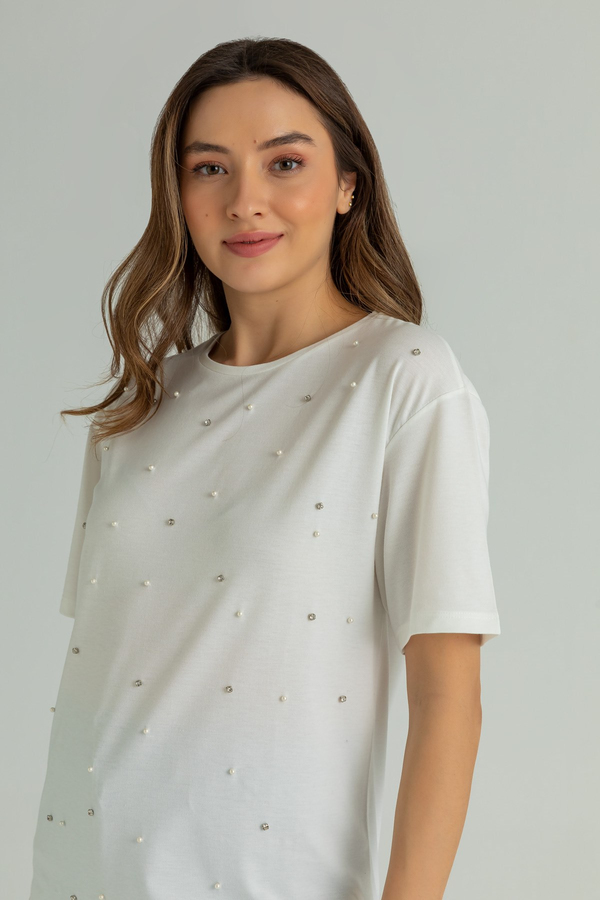 İnci Taş İşlemeli T-Shirt - BEYAZ