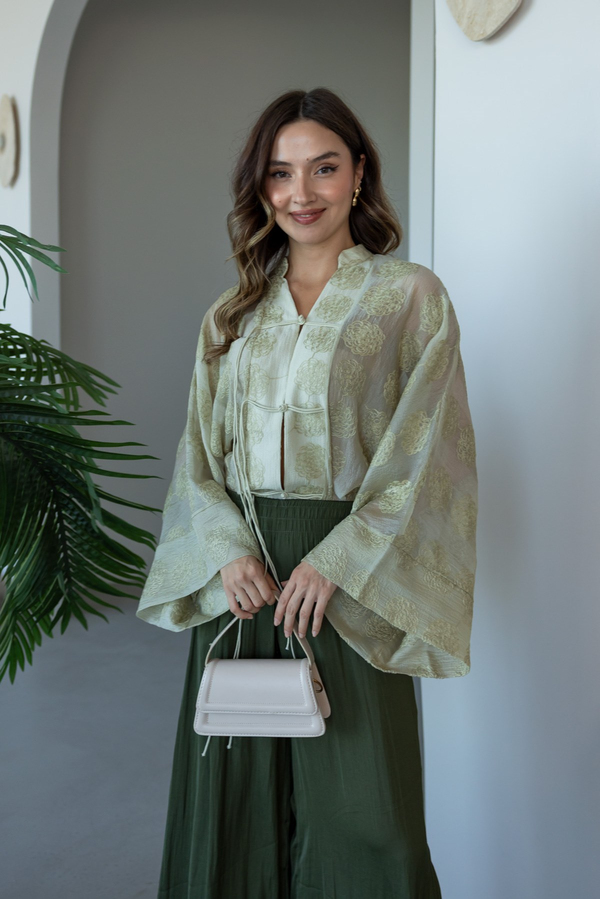 İp Bağcıklı Brodeli Kimono - HAKİ