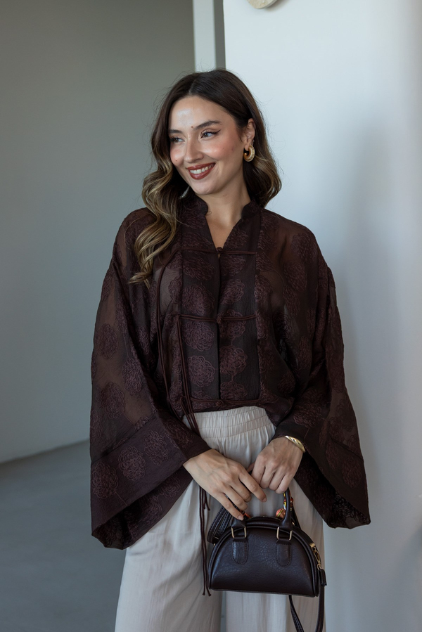 İp Bağcıklı Brodeli Kimono - KAHVERENGİ