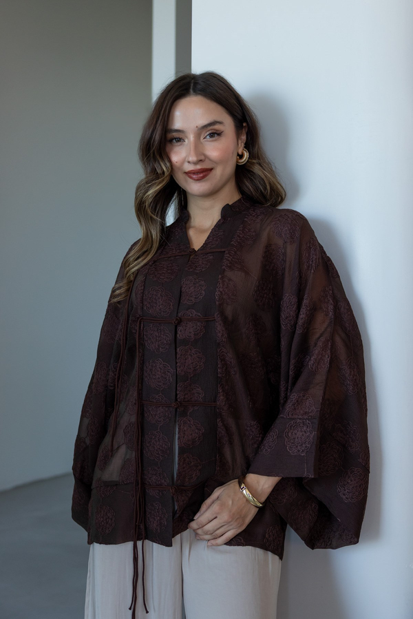 İp Bağcıklı Brodeli Kimono - KAHVERENGİ