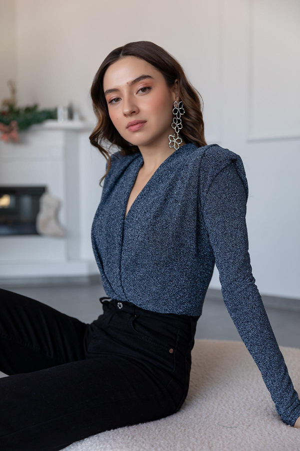 Işıltılı Bodysuit - MAVİ