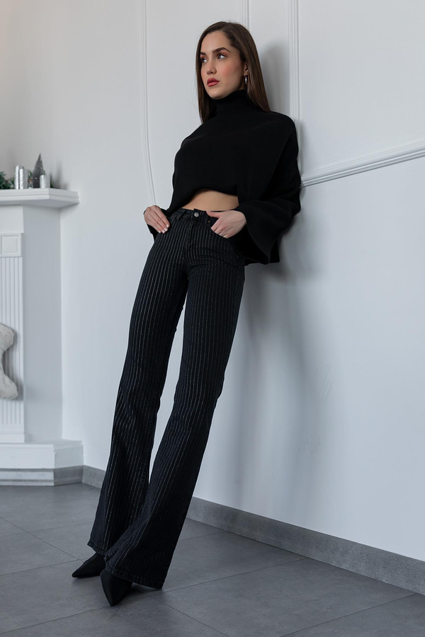 Işıltılı Flare Jean - SİYAH
