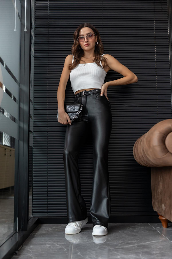 İspanyol Paça Deri Pantolon - SİYAH