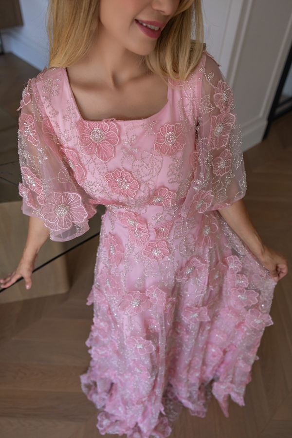 Kabartma Çiçek İşlemeli Abiye - PEMBE