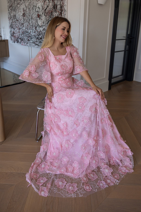 Kabartma Çiçek İşlemeli Abiye - PEMBE