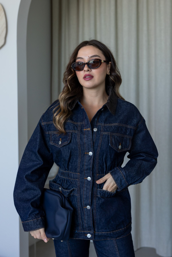 Kadife Yaka Bel Büzgü Denim Ceket - LACİVERT