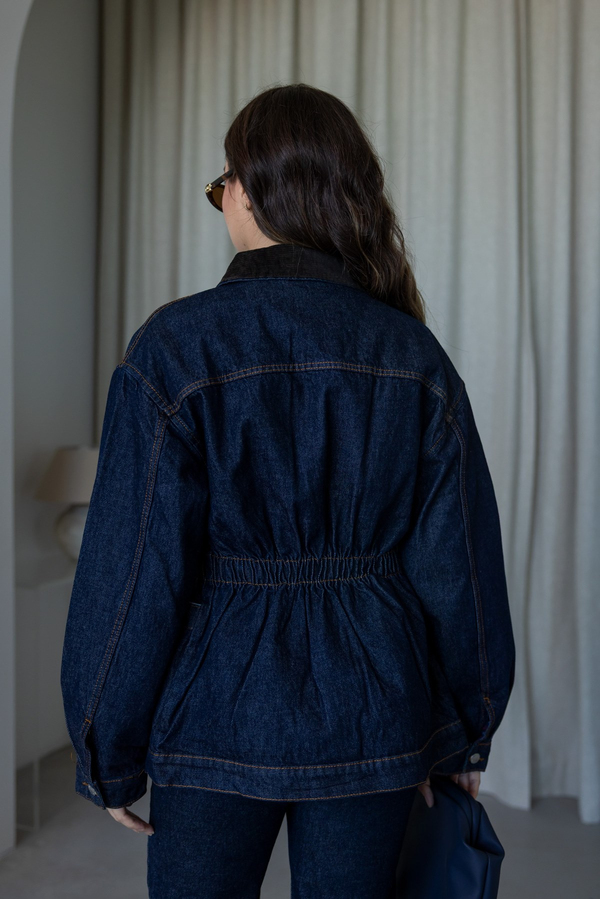 Kadife Yaka Bel Büzgü Denim Ceket - LACİVERT