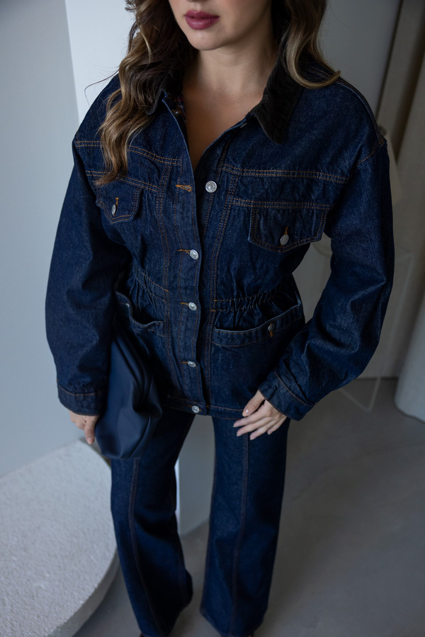 Kadife Yaka Bel Büzgü Denim Ceket - LACİVERT