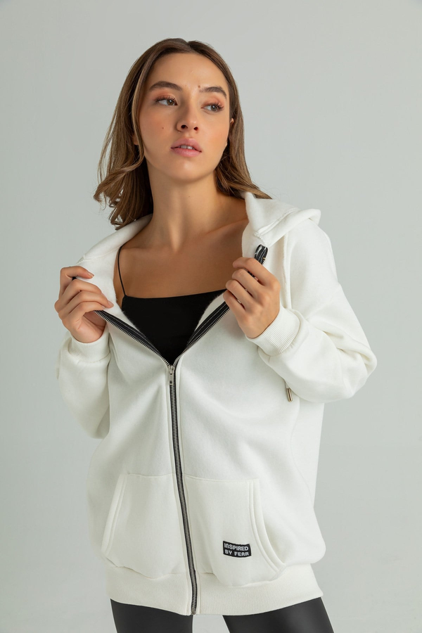 Kapüşonlu Fermuarlı Oversize Sweat - EKRU