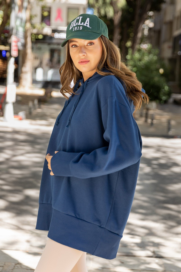 Kapüşonlu Oversize Sweat - MAVİ
