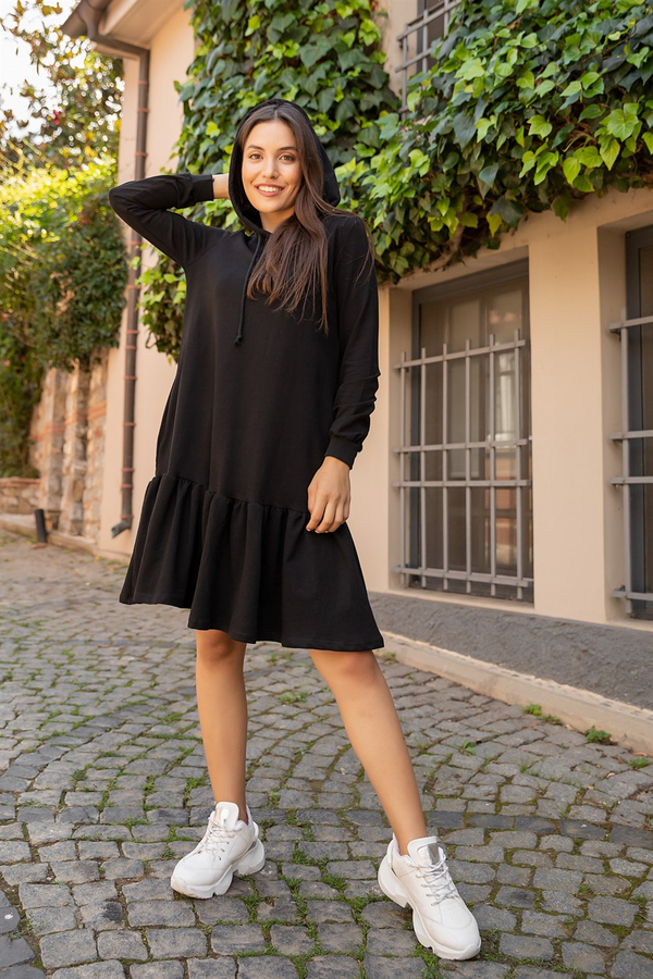 Kapüşonlu Sweat Elbise - SİYAH