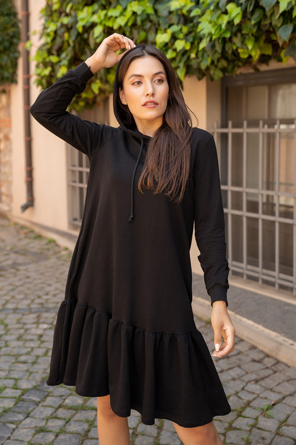 Kapüşonlu Sweat Elbise - SİYAH
