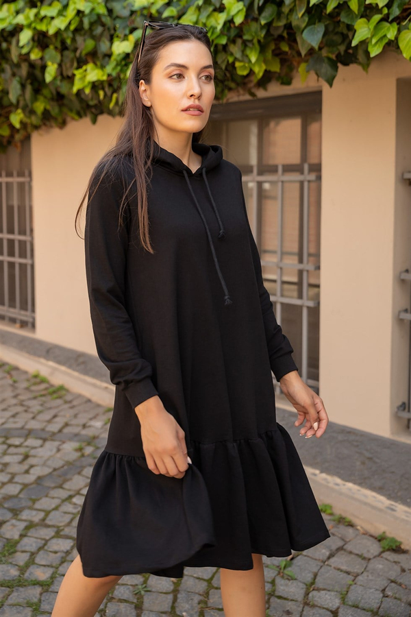 Kapüşonlu Sweat Elbise - SİYAH