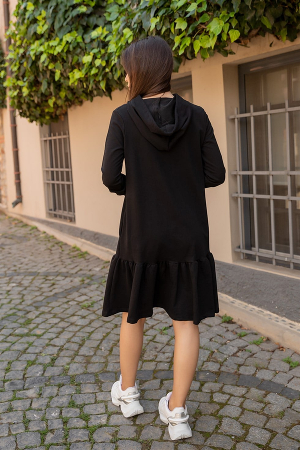Kapüşonlu Sweat Elbise - SİYAH