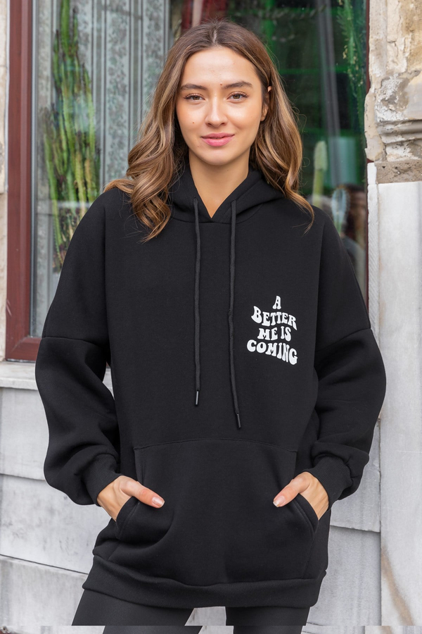 Kapüşonlu Yazılı Sweat - SİYAH