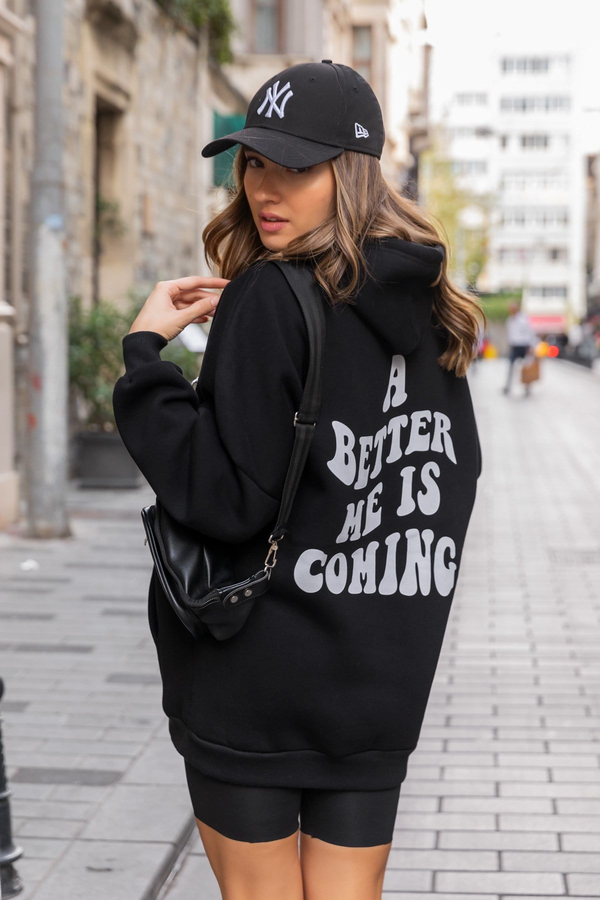 Kapüşonlu Yazılı Sweat - SİYAH
