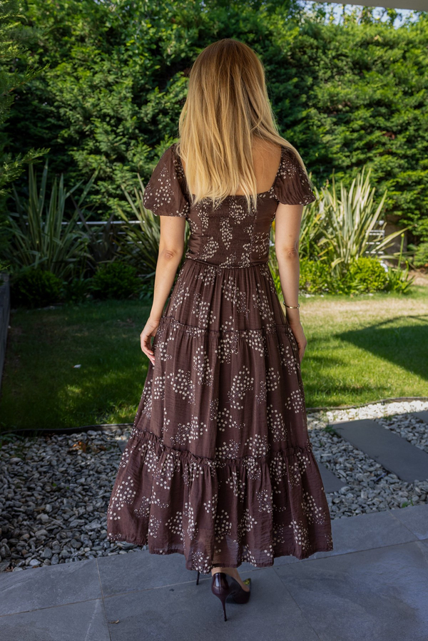 Kare Yaka Floral Desen Elbise - KAHVERENGİ