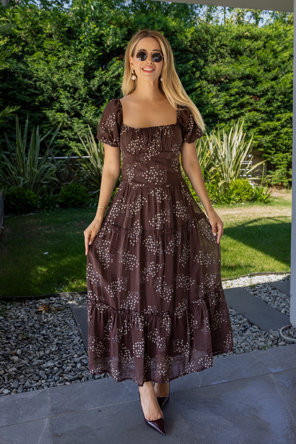 Kare Yaka Floral Desen Elbise - KAHVERENGİ