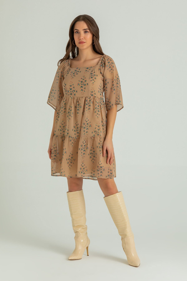 Kare Yaka Mini Şifon Elbise - CAMEL
