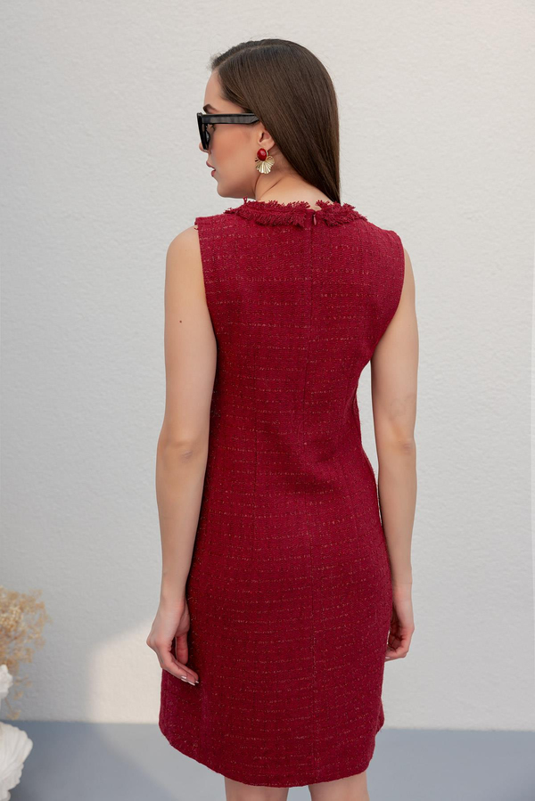 Kare Yaka Mini Tüvit Elbise - BORDO