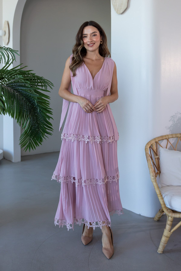 Kat Kat Pliseli Güpürlü Elbise - PEMBE