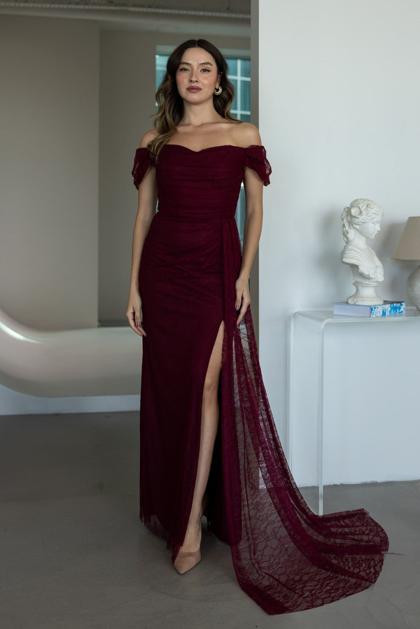 Kayık Yaka Dantelli Abiye - BORDO