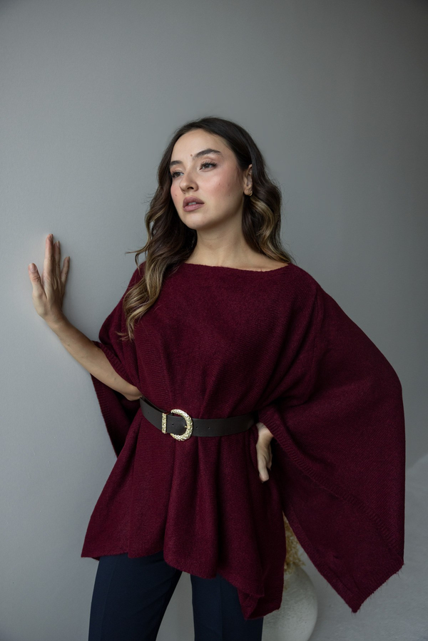 Kayık Yaka Salaş Triko Panço - BORDO