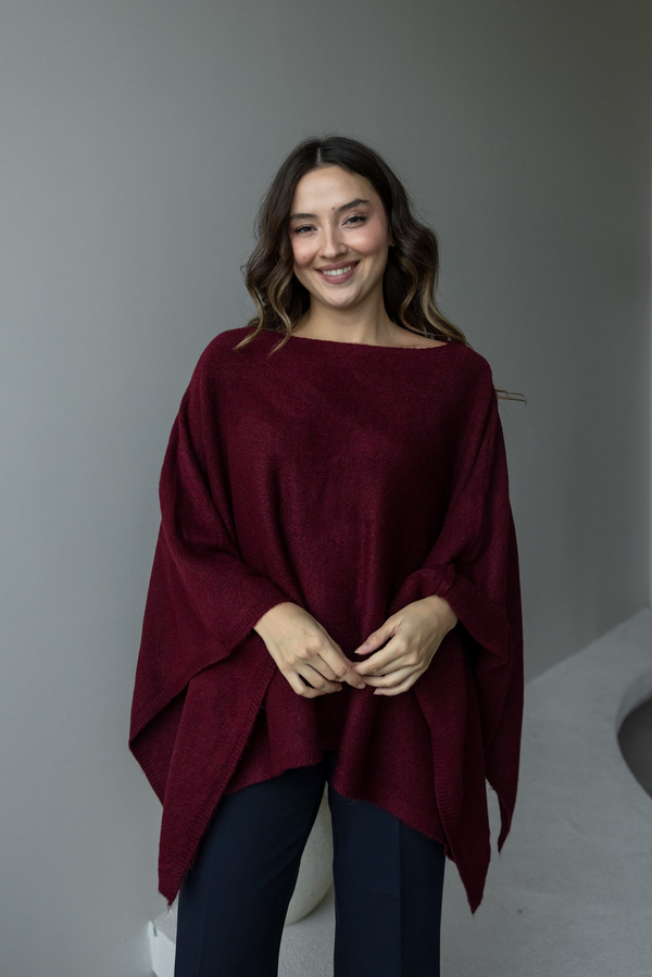Kayık Yaka Salaş Triko Panço - BORDO