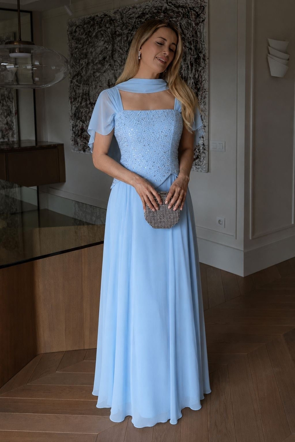 Kayık Yaka Taşlı Şifon Abiye - BEBE MAVİSİ