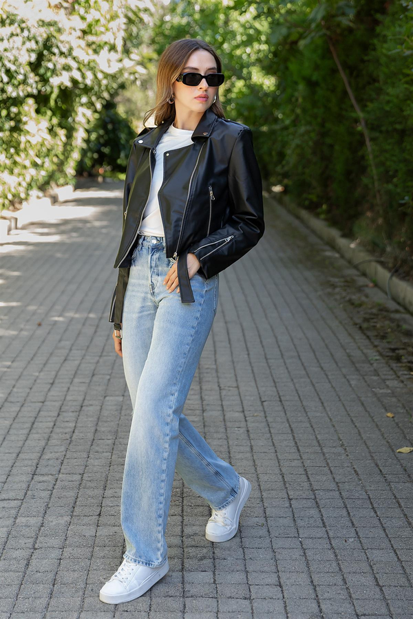 Kemerli Biker Deri Ceket - SİYAH