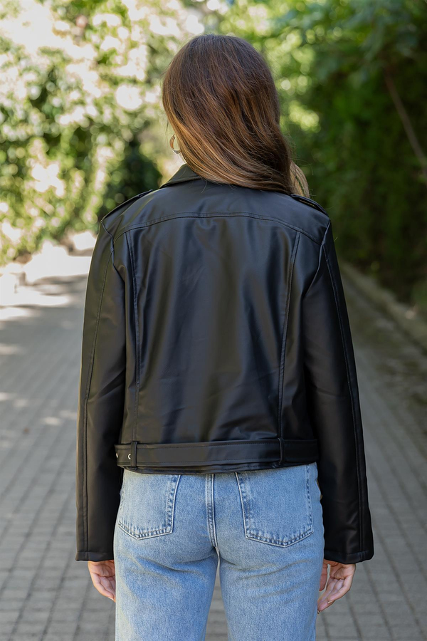 Kemerli Biker Deri Ceket - SİYAH