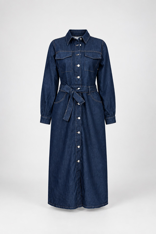 Kemerli Cep Detaylı Denim Elbise - LACİVERT