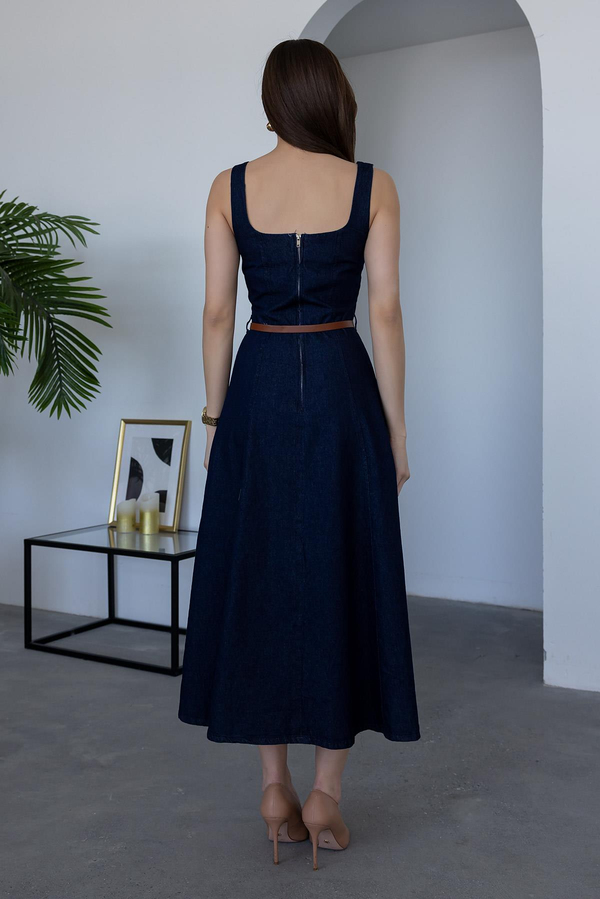 Kemerli Denim Elbise - LACİVERT