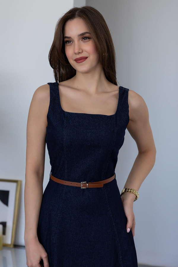 Kemerli Denim Elbise - LACİVERT