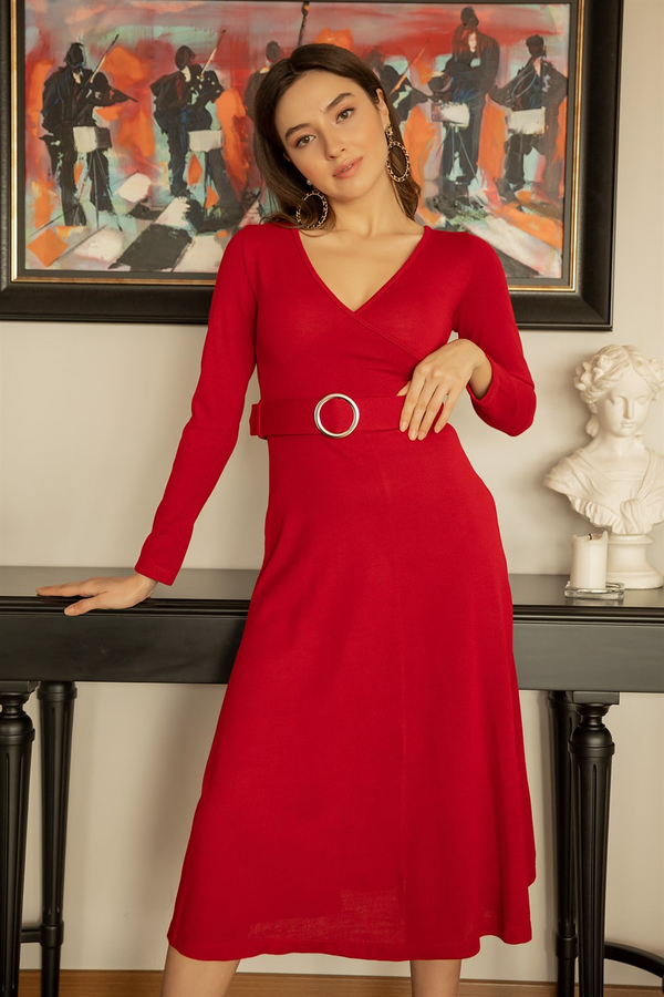Kemerli Kruvaze Triko Elbise - KIRMIZI