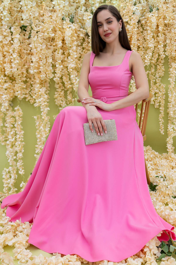 Kemerli Maxi Elbise - PEMBE