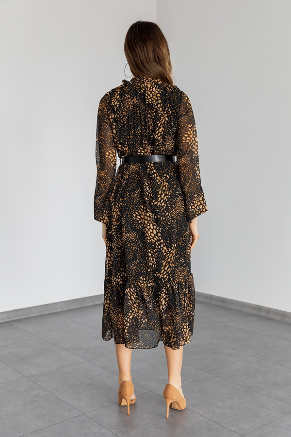 Kemerli Mini Leopar Desen Elbise - SİYAH