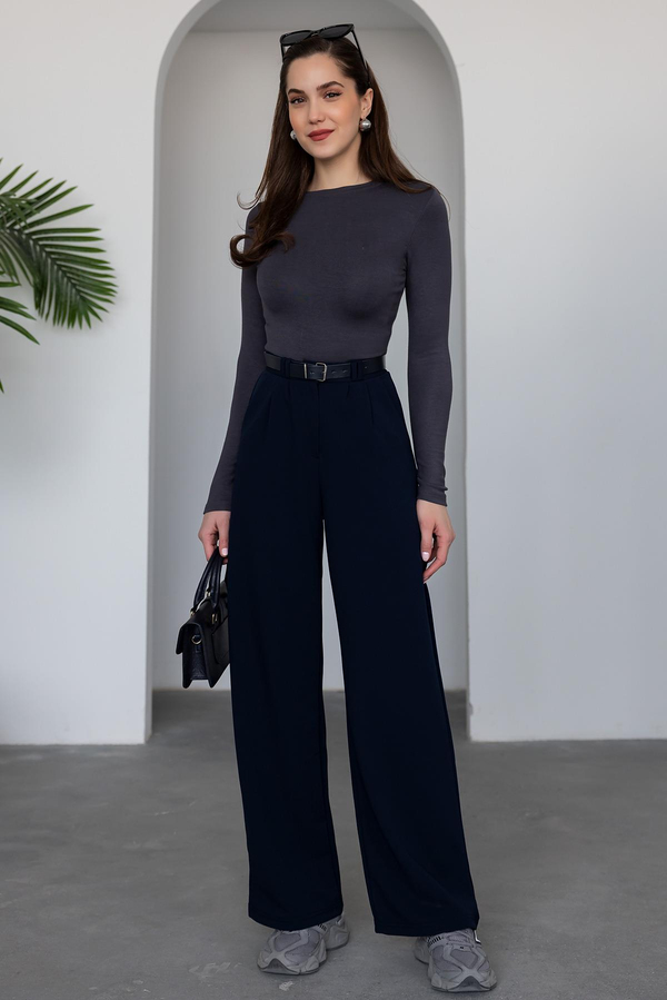 Kemerli Palazzo Pantolon - LACİVERT