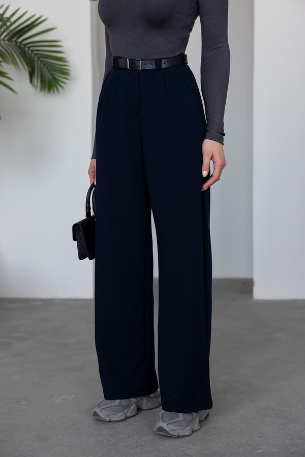 Kemerli Palazzo Pantolon - LACİVERT