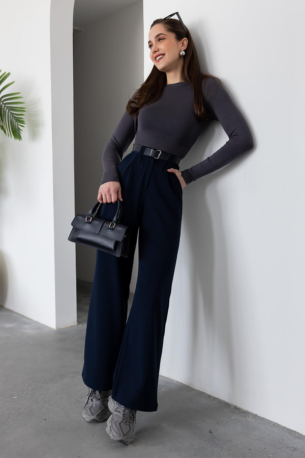 Kemerli Palazzo Pantolon - LACİVERT