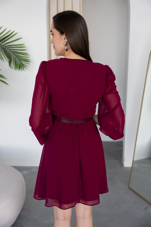 Kemerli Şifon Mini Elbise - BORDO