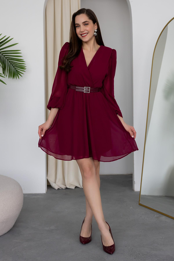 Kemerli Şifon Mini Elbise - BORDO