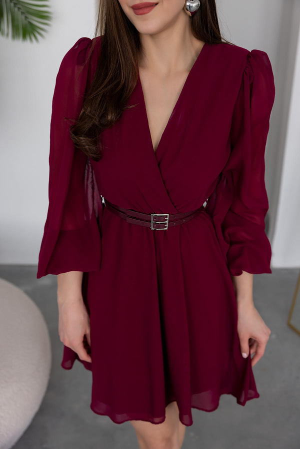 Kemerli Şifon Mini Elbise - BORDO