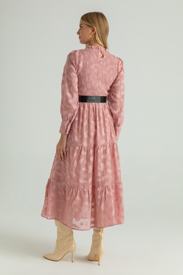 Kemerli Yaprak Desen Elbise - PEMBE