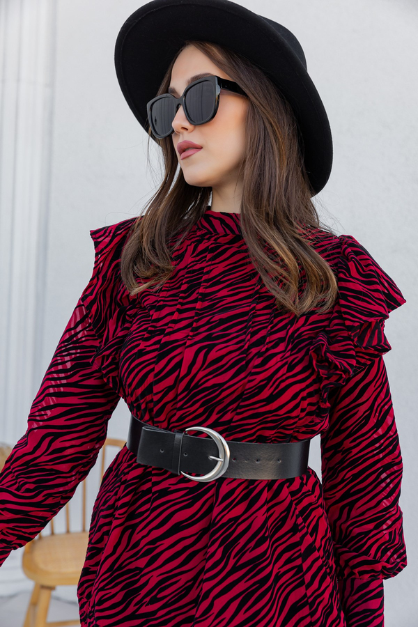 Kemerli Zebra Desen Elbise - BORDO