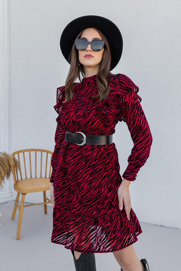 Kemerli Zebra Desen Elbise - BORDO