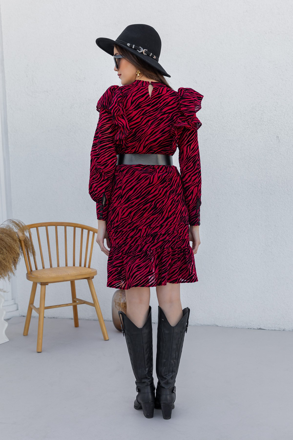 Kemerli Zebra Desen Elbise - BORDO