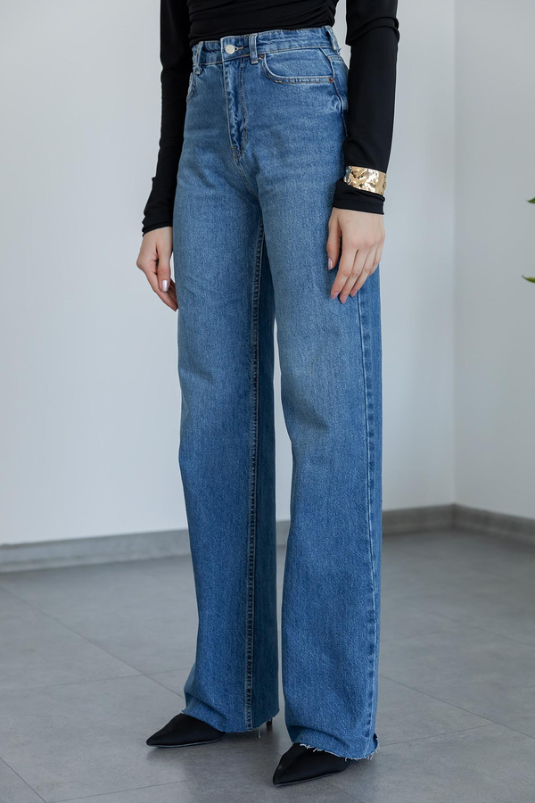 Kesik Paça Wide Leg Jean - MAVİ