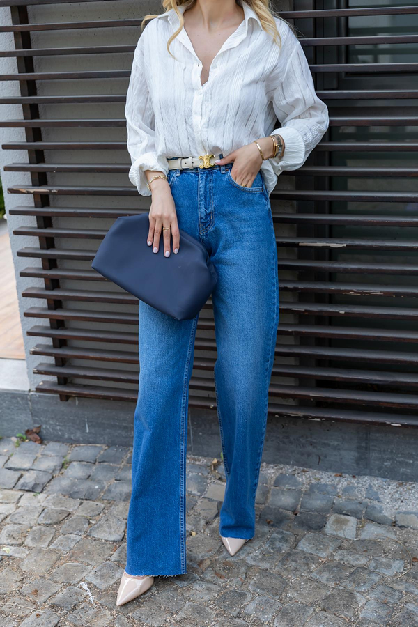 Kesik Paça Wide Leg Jean - MAVİ