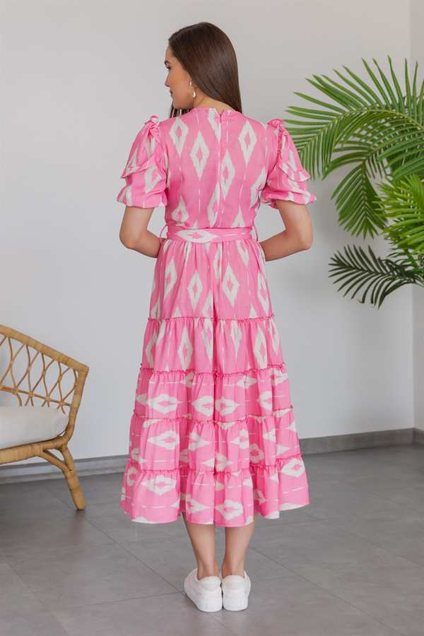 Keten Desenli Elbise - PEMBE